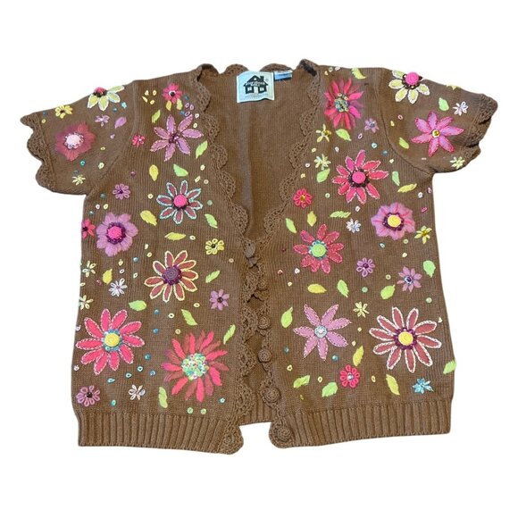 Storybook Knits XS Floral Embroidered Brown Sleeveless Dress & Cardigan Set - Picture 2 of 11